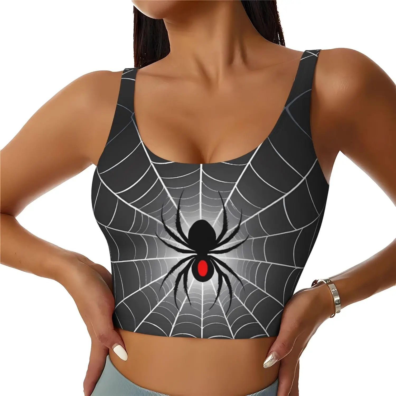Gothic Black Spider on Web Pattern Womens Sports Bras Yoga Workout Crop Top with Removable Pads