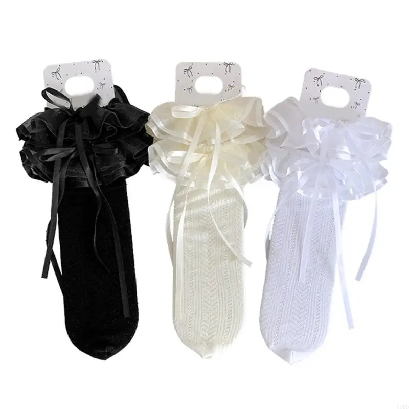 

Y88D Girls Knee Length Socks Lace Trim Sweet Soft Breathable Stackable Socks with Bowknot Detail Sweet Fashion