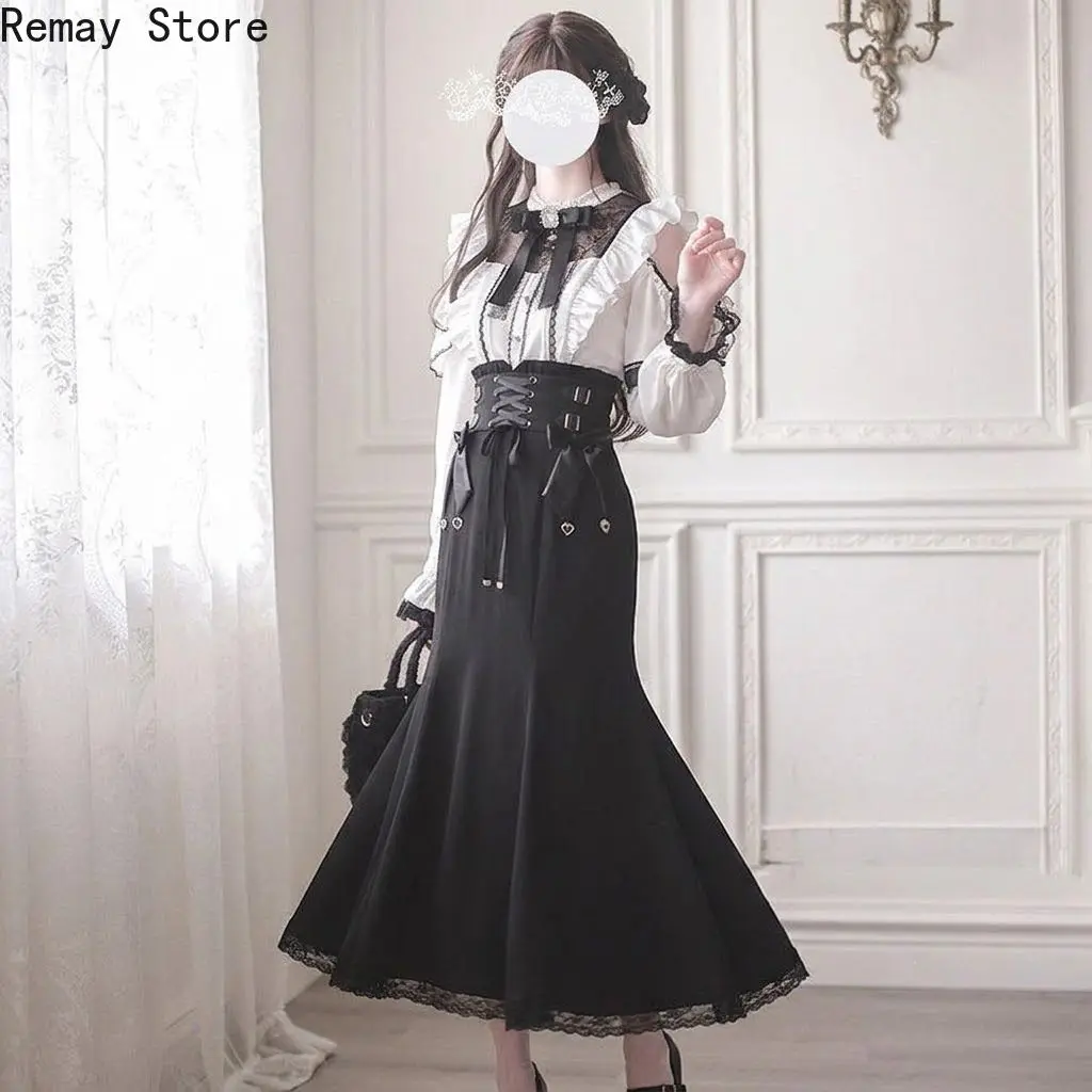 Japanese Gothic Lolita Dark Subculture Women 2 Pieces Set Lace Bow Shirt + Slim Fit Skirt French Vintage Party Harajuku Outfits