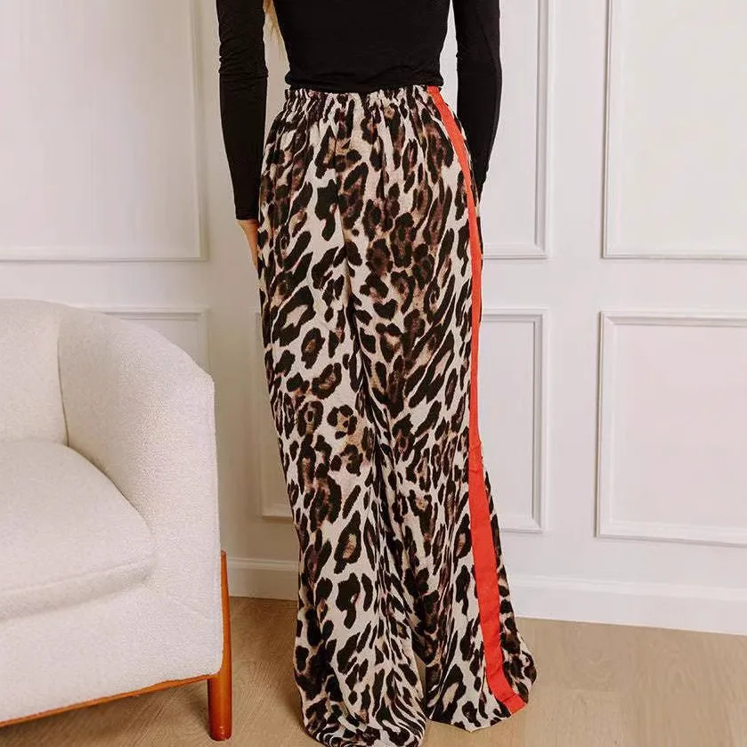 2025 New Casual Women's Trousers Leopard Print Splicing Temperament Loose Europe and The United States