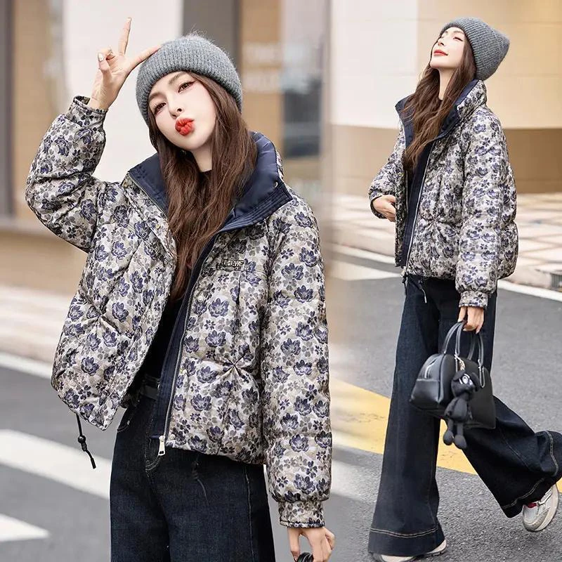 

Women's ort Thiened Cotton Jaet Stand Collar Printed Warm Coat Loose Winter Faionable Small Size Commute Sle