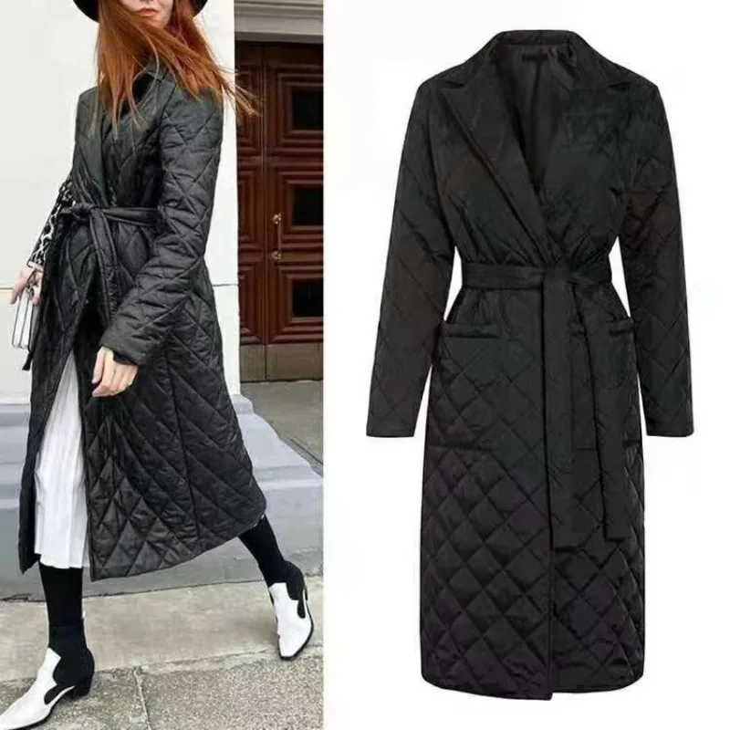 Quilted Coats Women Long Parkas Vintage Plaid Loose Belt Jacket Overcoat Female Mid-Length Coat Outwear пальто женское
