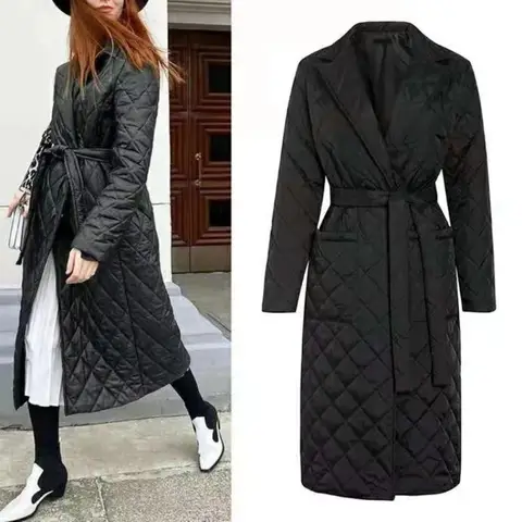 Quilted Coats Women Long Parkas Vintage Plaid Loose Belt Jacket Overcoat Female Mid-Length Coat Outwear пальто женское