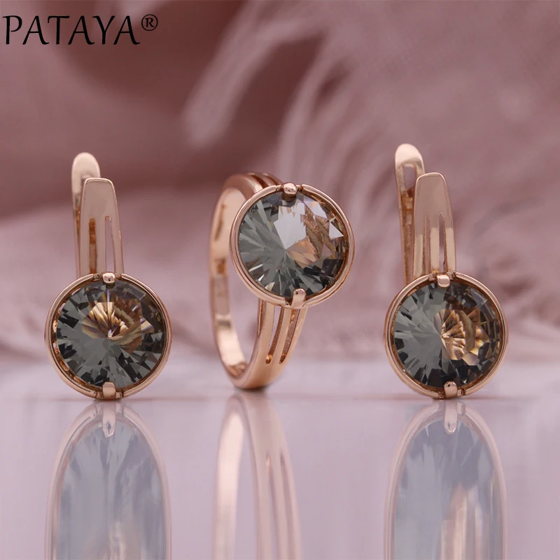 PATAYA 585 Rose Color Round Cubic Zircon Earrings Rings Sets 2024 New Women Fine Jewelry Sets