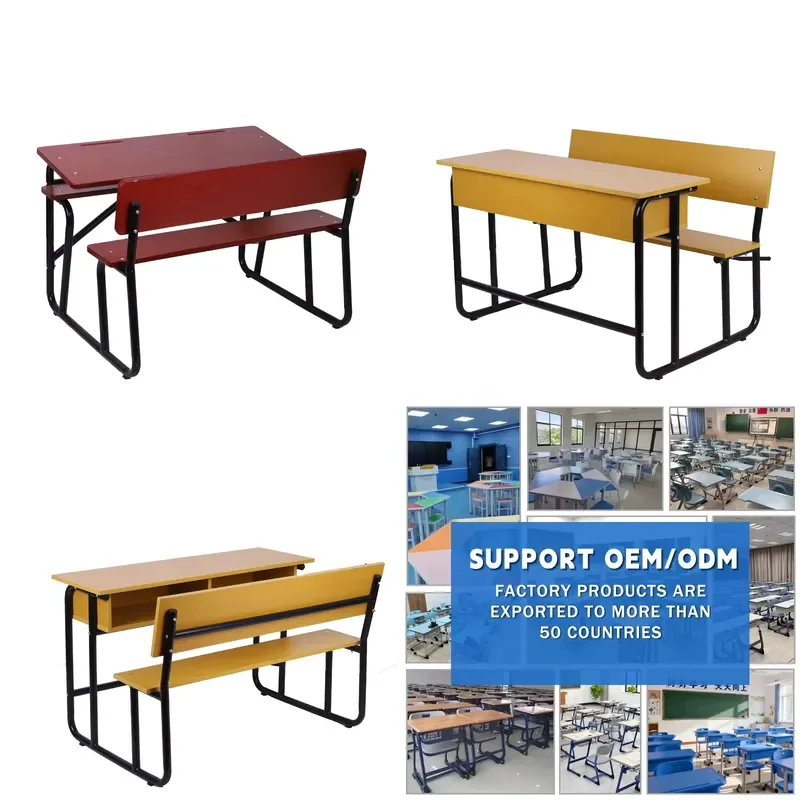 Wholesale Modern Wooden Student Desk and Chair Set Three Person School Bench with Steel Frame for Classroom Furniture