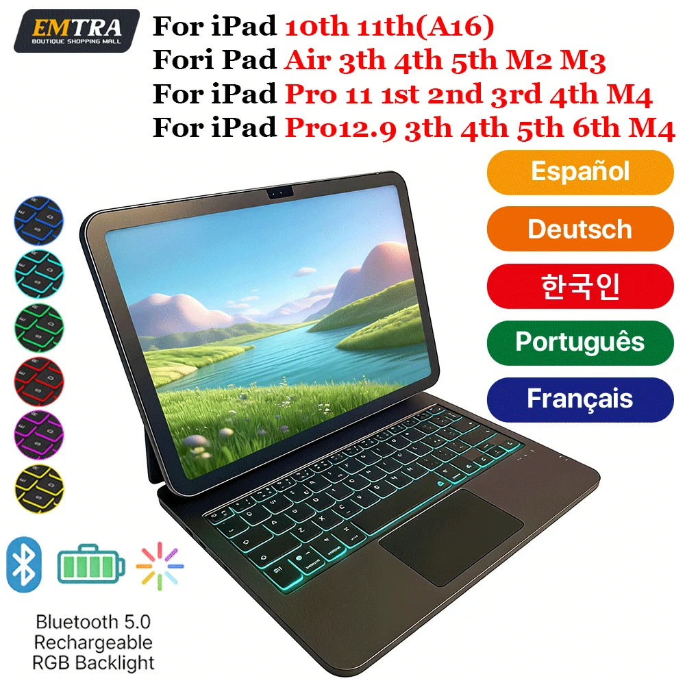 

Bluetooth Magic Keyboard for iPad 10th 11th A16 Air 3rd 4th 5th M2 M3 Pro 11 12.9 inch Magnetic RGB Backlight Wireless Keyboards
