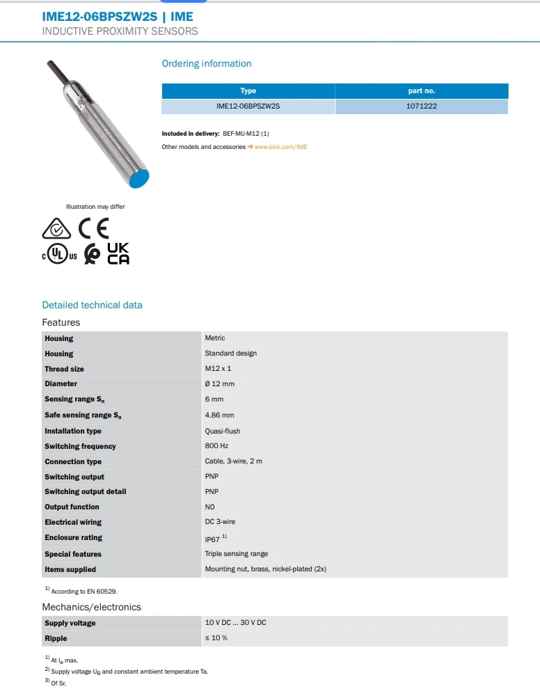 SICK Inductive Proximity Sensor IME12-06BPSZW2S Order Number 1071222 Proximity Switch New Original Genuine In Stock
