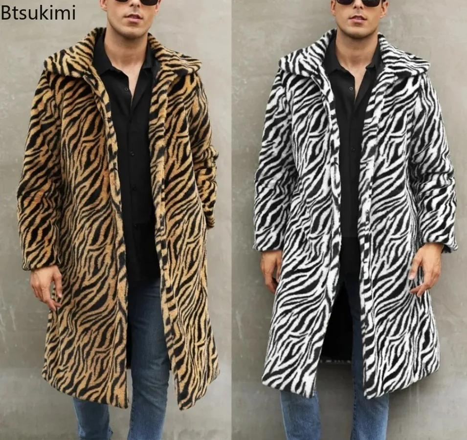 New Men's Warm Faux Fur Jacket Coat Autumn Winter Thick Leopard Long Sleeve Warm Coats Shaggy Outerwear Luxury Fur Jackets Male
