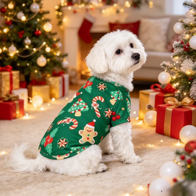 Christmas Cat Dog Vest Soft Polyester Christmas Element Print Christmas Cat Dog Vest Bichon Teddy Small Dog Holiday Photo Top