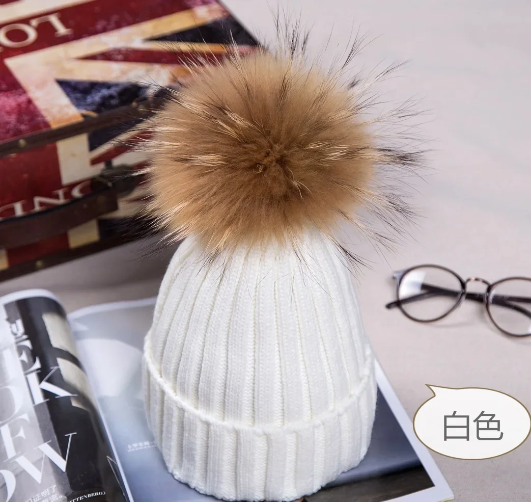 Korean Faux Raccoon 15cm Fur Ball Wool Hat Autumn Winter Adult Women New Solid Color Curled Knitted Big Pompon Hat