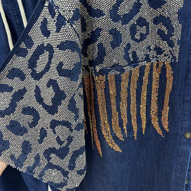 Fashion Spring Summer Women Two-piece Set Hot Diamonds Leopard Short Sleeve Denim Cardigans Top + Elastic Waist Wide Leg Jeans view 4