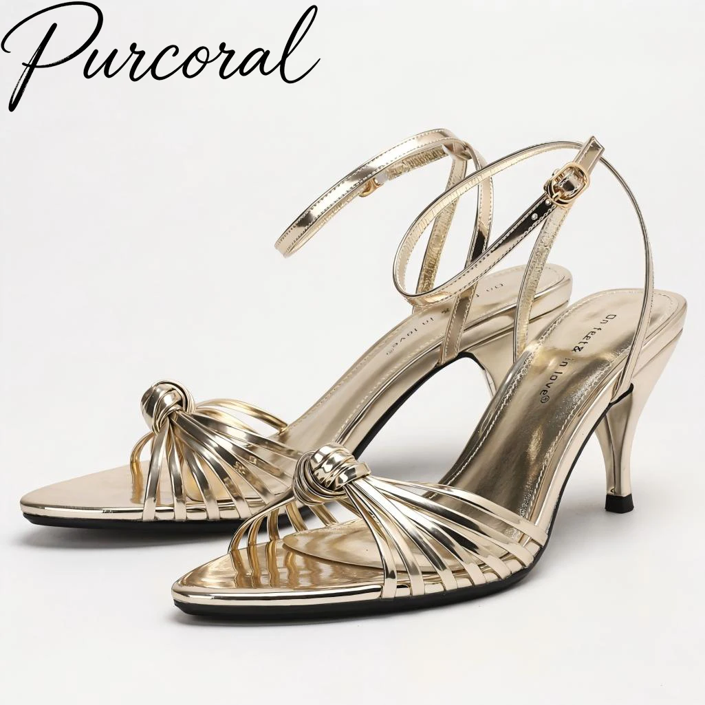 Purcoral Metallic Stiletto Heel Sandals Women Thin Strap Knotted Ankle Strap High Heels Open Toe Slingback Pumps Shoes