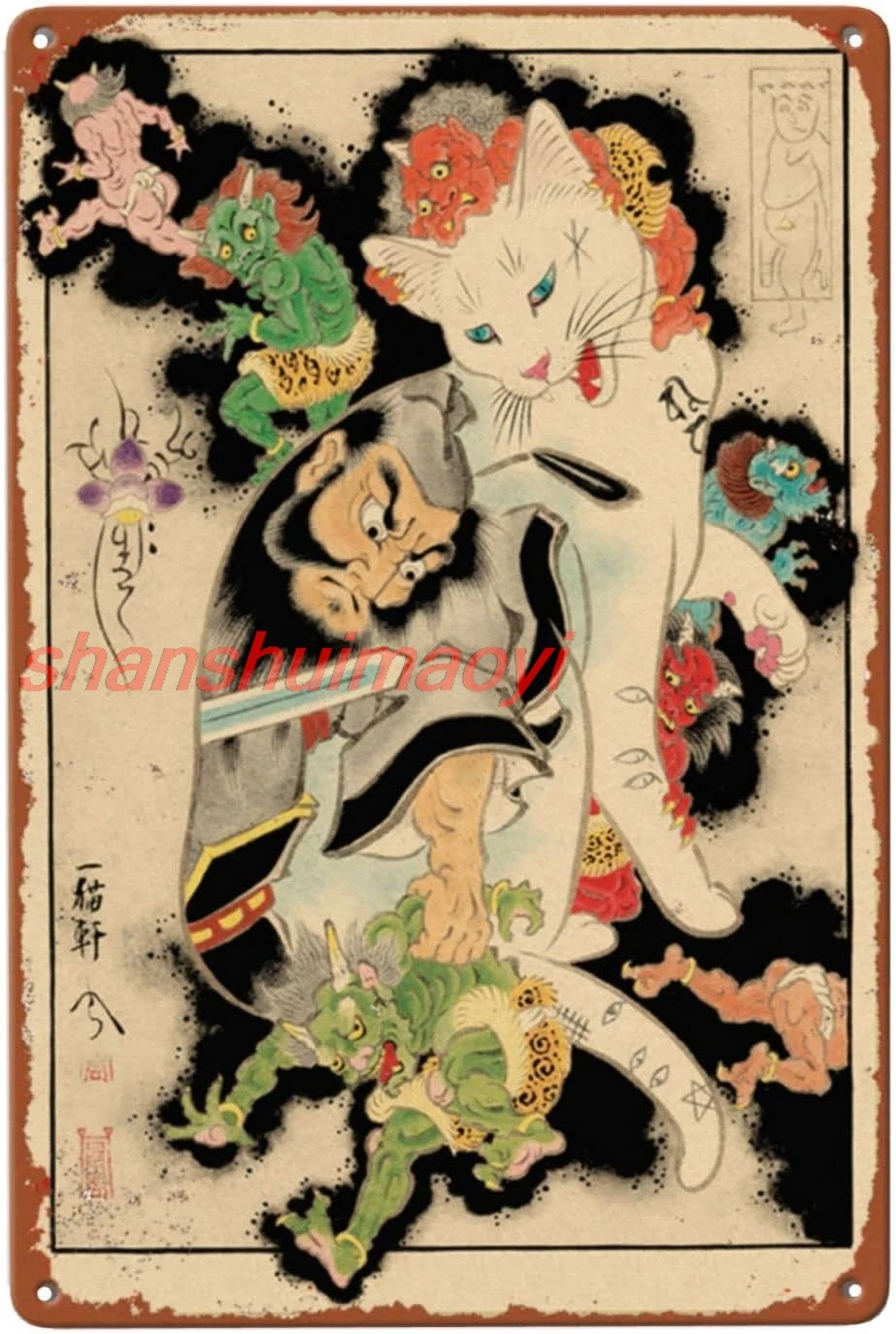 Licpact Vintage Japanese Samurai Cat Tattoo Retro Home Cafe Office Cat Poster Decor Art Bar Pub Garage Classic Vintage Wall sign