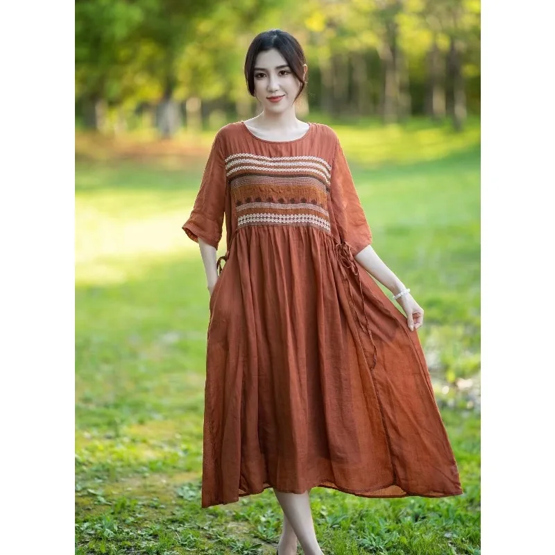 

Ramie Embroidered Dress Retro Mid Length Round Neck A-line Dress for Women