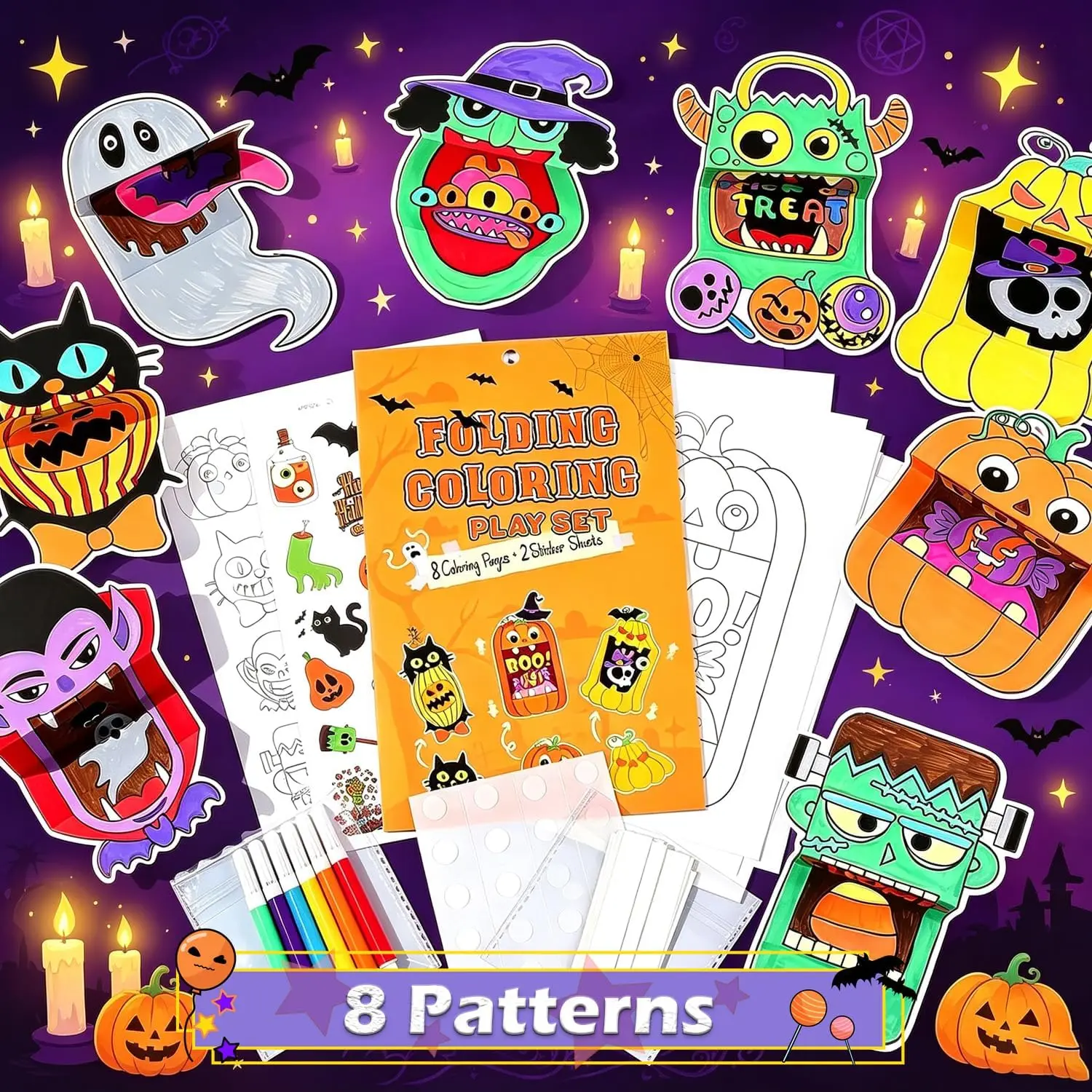 Halloween Magic Folding Painting Children's Cartoon Festival 8 Monster Sheets 6 Coloring Pen DIY Fun Puzzle Folding Painting Set