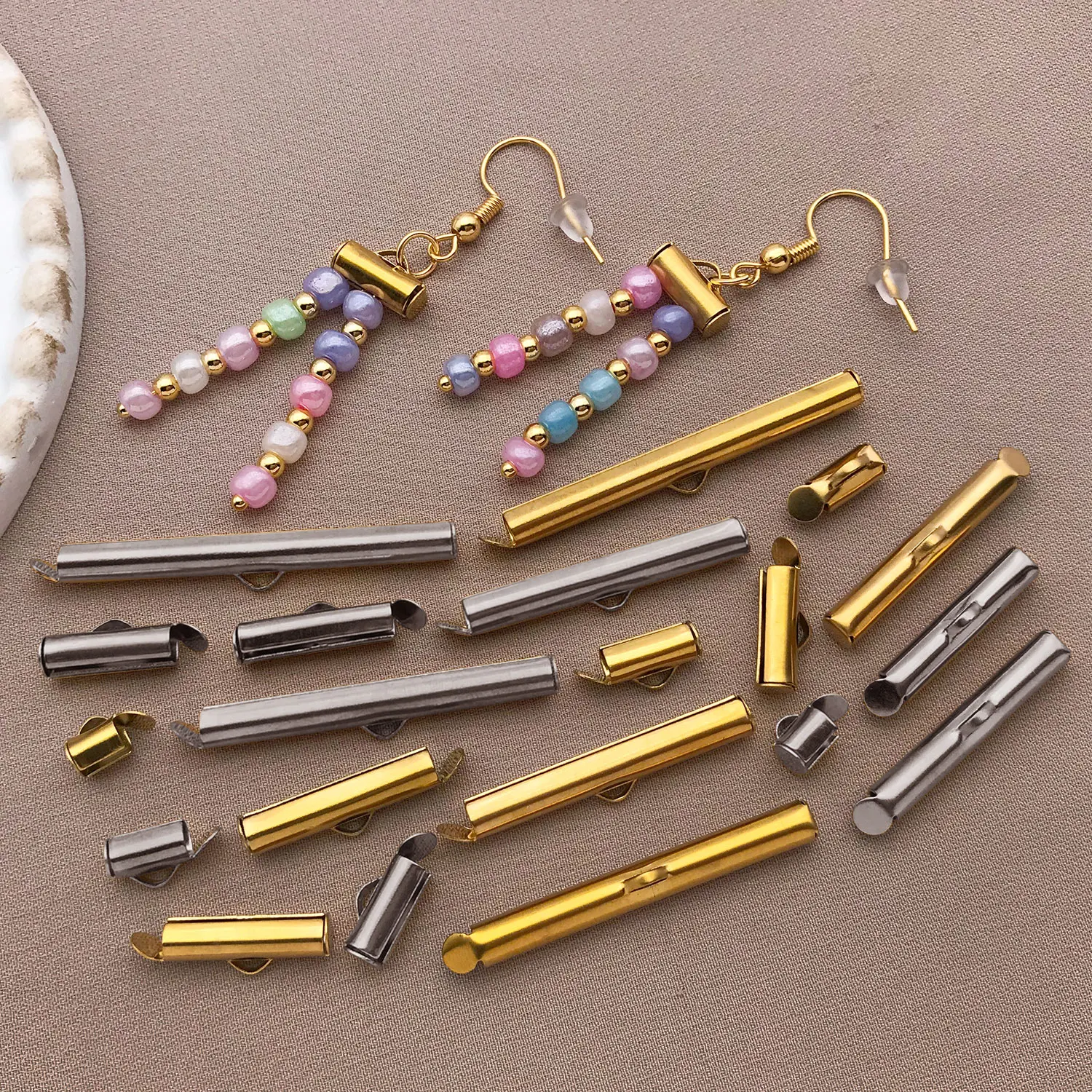 10pcs/lot Stainless Steel Crimp End Caps Slider Clasp Buckles Tubes Slider End Caps Connector For DIY Jewelry Making Accessories