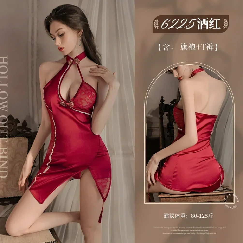 Irregular Splicing Satin Lace Cheongsam Babydoll Sexy Qipao Dress Traditional Chinese Uniform Cosplay Erotic Teddy