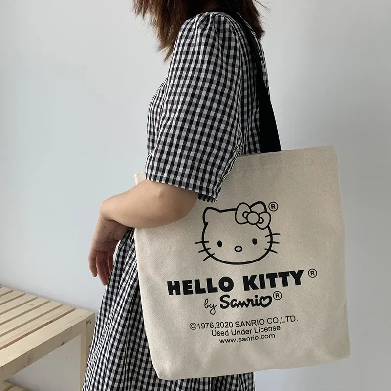 Sac fourre-tout en toile Hello Kitty, sacs d'épicerie réutilisables personnalisés, esthétique personnalisée, sac initié au shopping, sac fourre-tout de voyage mignon