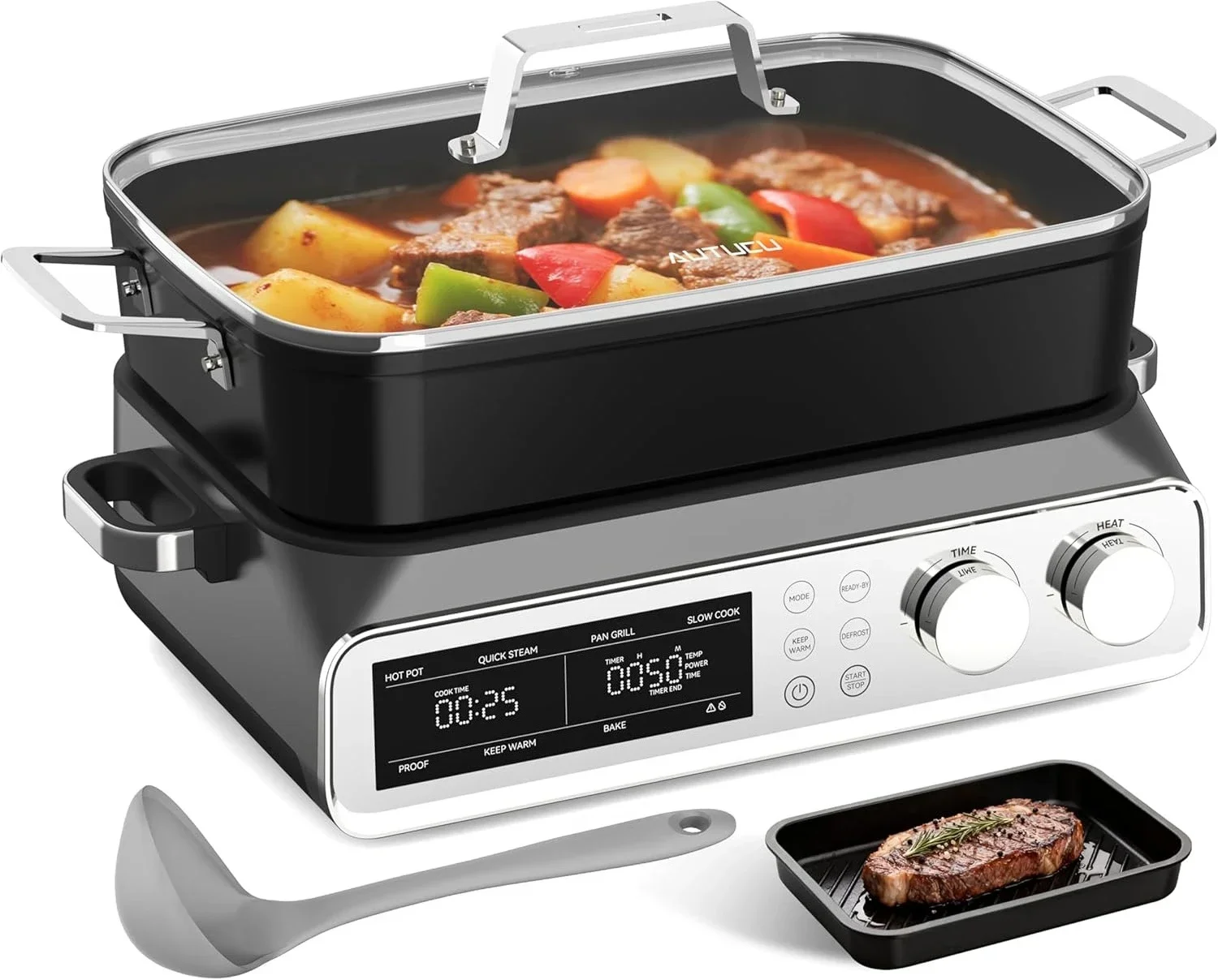 N21NA Pro Slow Cooker 10 Quart, 8-in-1 Programmable PFOA-Free Ceramic Coated Multi-Cooker with Grill Pan, Steaming Plate
