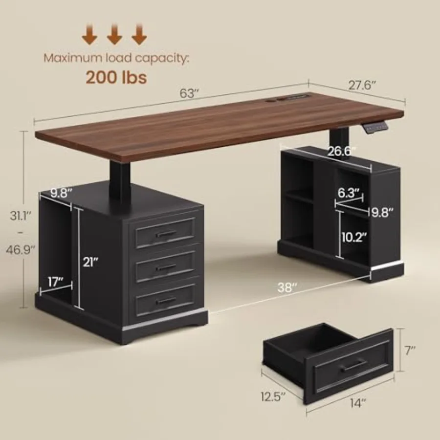 63 Farmhouse Electric Standing Desk with 3 Drawers and Storage Shelves, Solid Wood, White, Height-Adjustable Cable Management