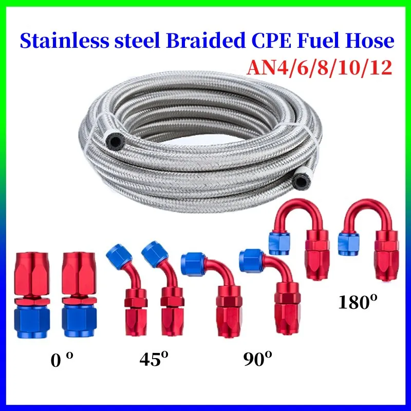 AN4 6 8 10 12 Universal Stainless Steel Braided CPE Fuel Line Hose Oil Gas Cooler Hose 0/45/90/180 Degree Pipe Adapter Fitting