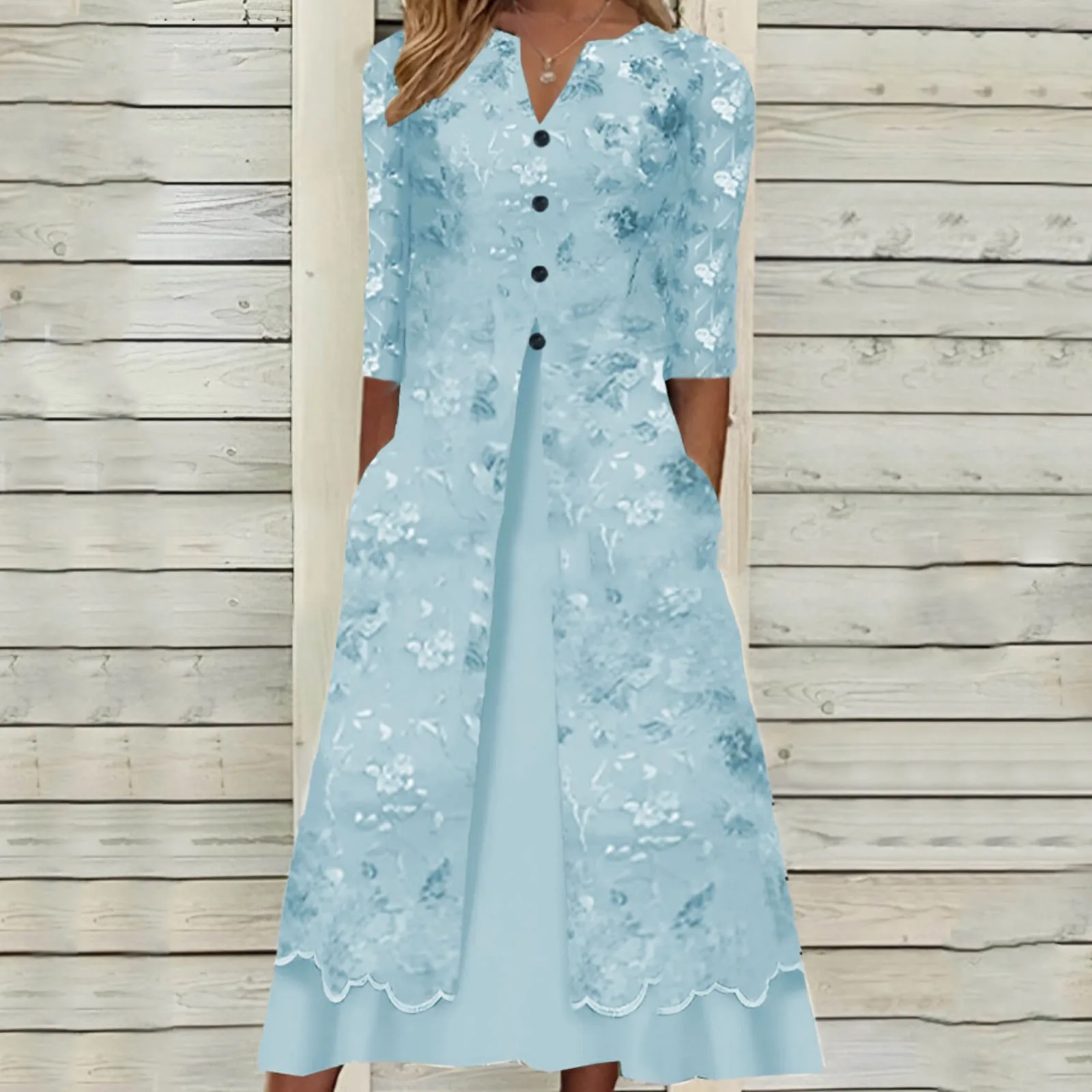 

Business Casual Dress for Women Women Fashion Casual Print Pocket Button V Neck Mid Sleeve Long Dress Evening Maternity Gowns