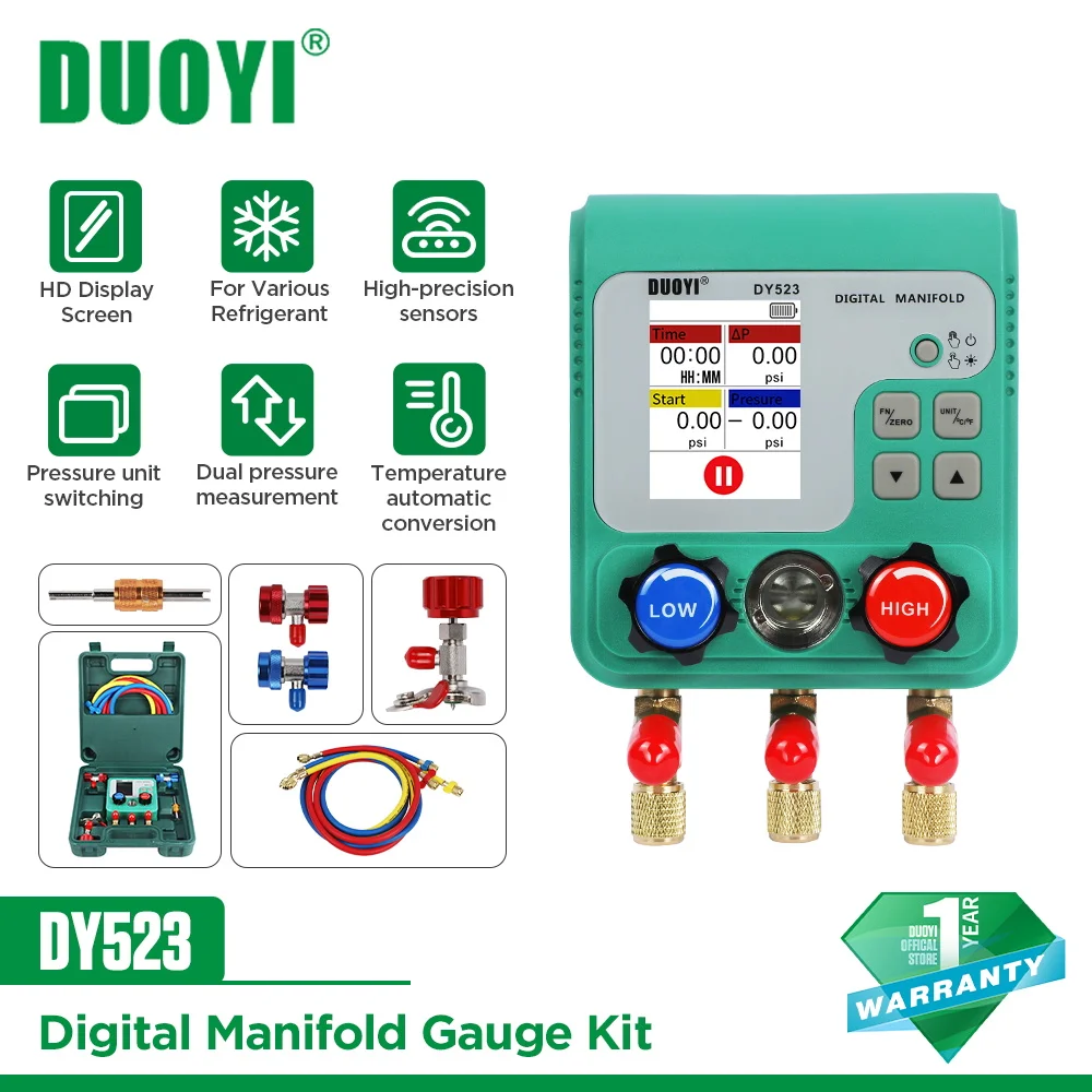 DUOYI DY523 Pressure Gauge Refrigeration Digital Vacuum Pressure Manifold Tester Air Conditioning Temperature Tester Valves Tool