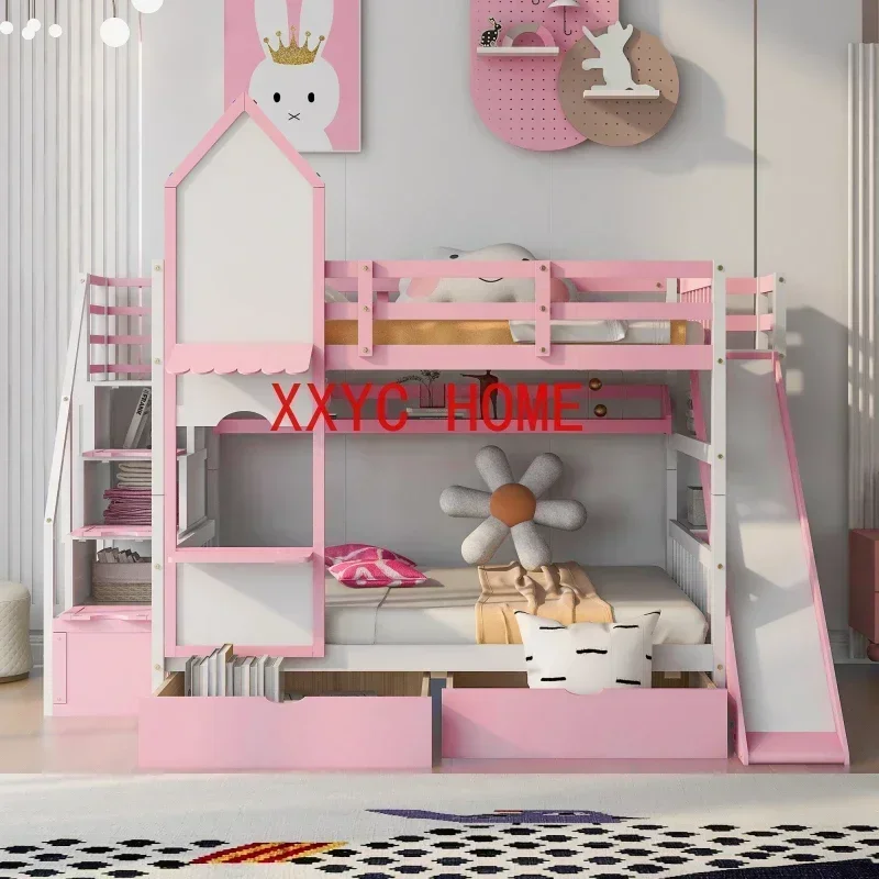 Full-Over-Full Castle Style Bunk Bed with with 2 Drawers 3 Shelves and Slide,Dream ,for Children's Room, Bedroom- Pink