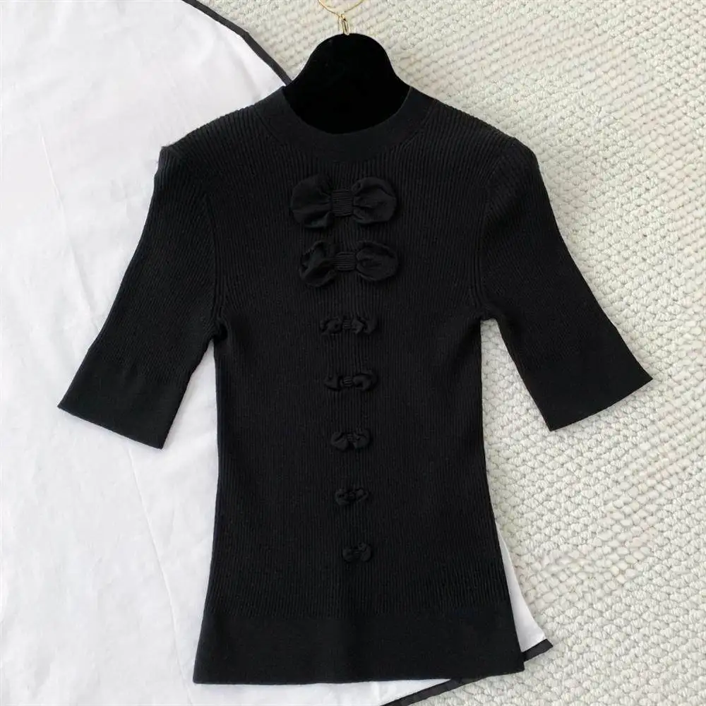 

New Knitted Top with Buttons Base Layer Light Wind Autumn White Match Improved Early Spring New Sle Women's Faion