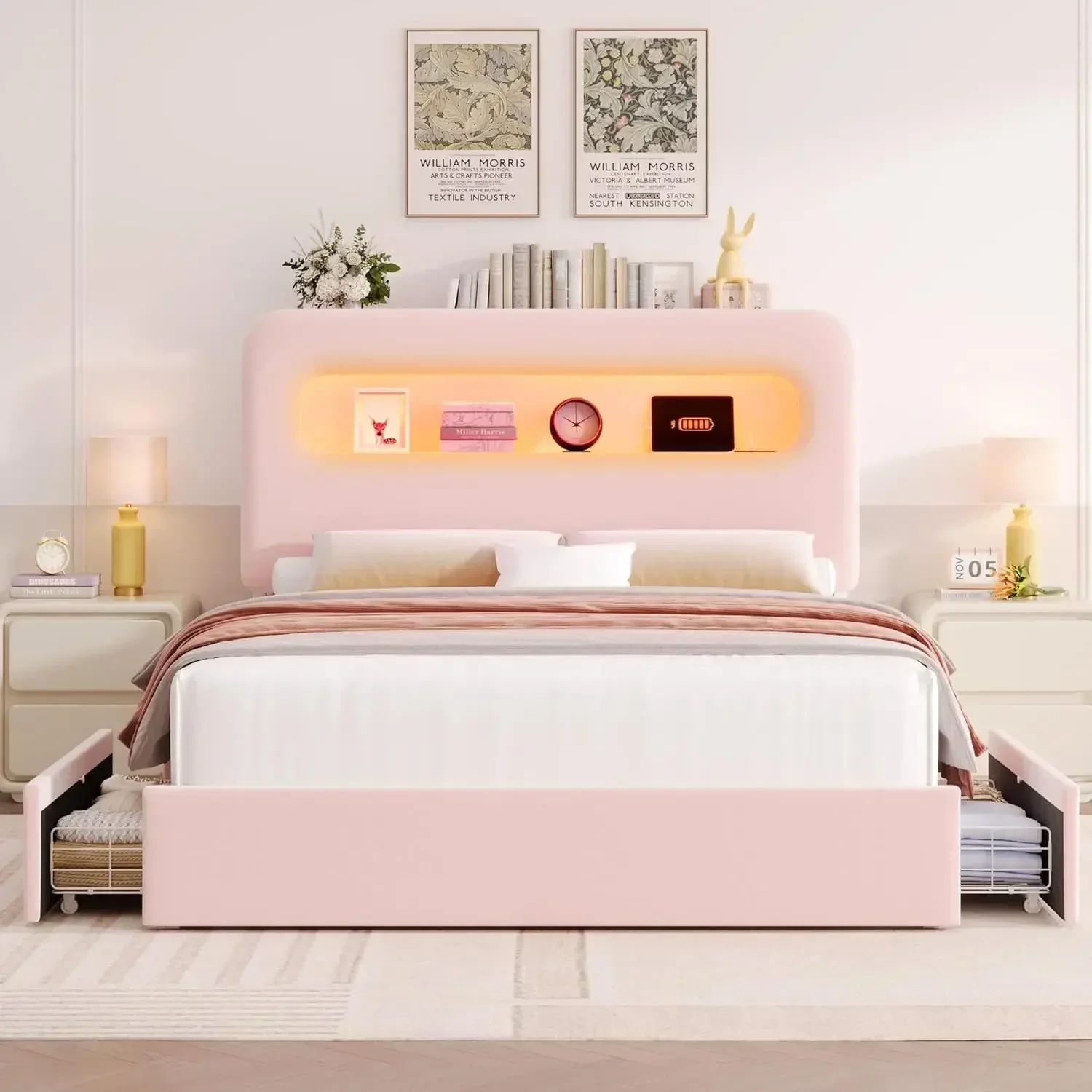 Queen Queen LED Bed Frame with Storage Headboard and Charging Station, Girls Bed Frame with 4 Drawers and USB Ports, Velvet - Aliexpress Deal
