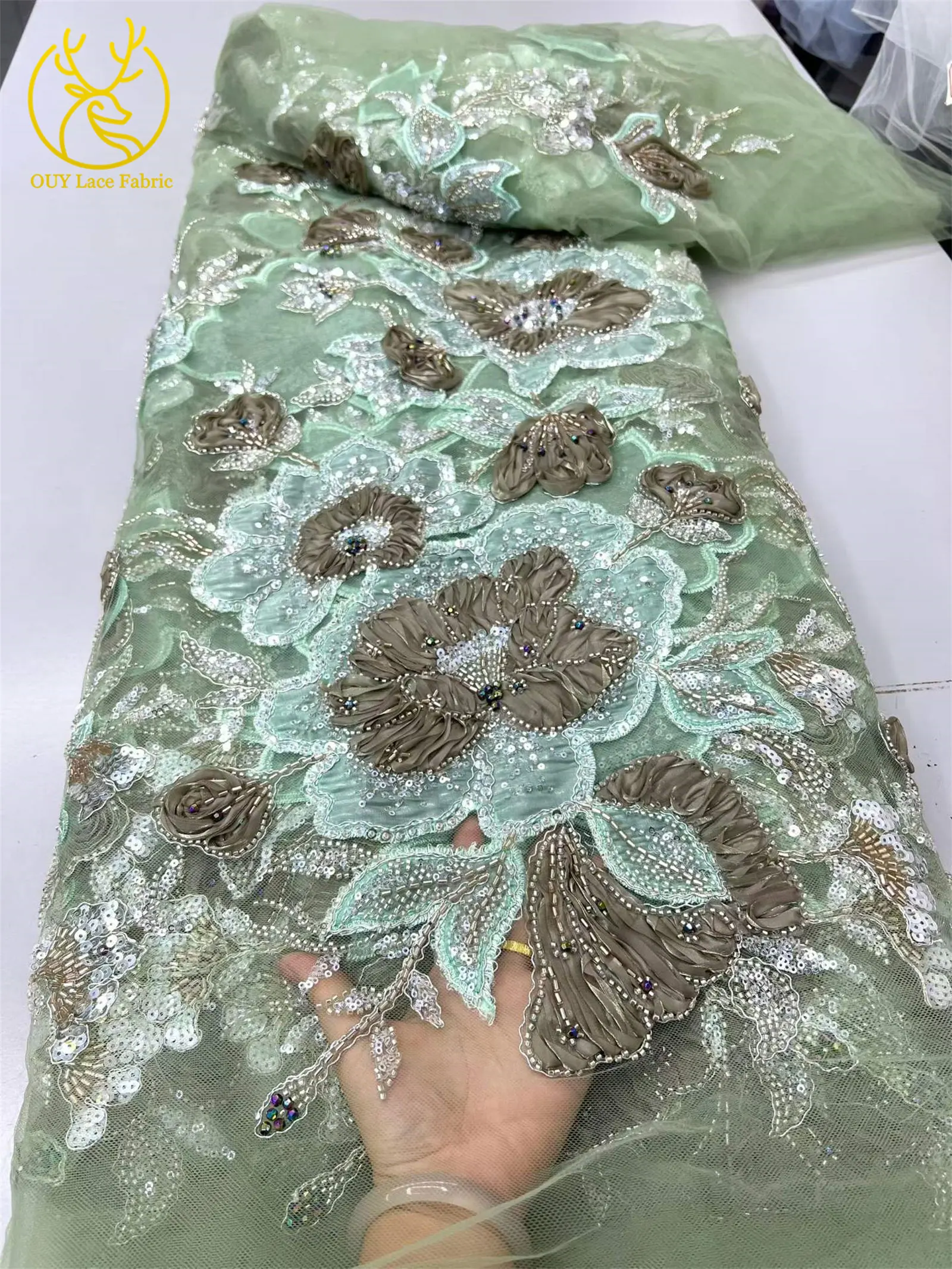 Neuer Stil Afrikanischer 3D-Stickerei-Blumen-Spitzenstoff 2026 Nigerianischer Französischer Perlen-Pailletten-Tüll-Spitzenstoff für Kleidung und Näharbeiten – Detail 11