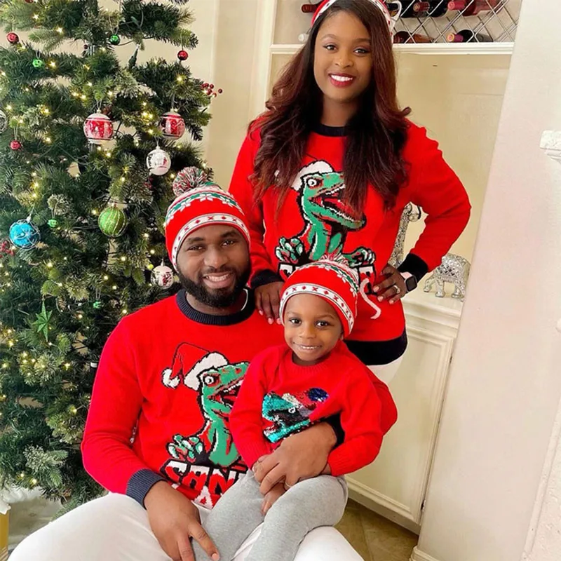 Christmas Family Matching Sweaters Cute Reindeer Print Crew Neck Long Sleeve Knit Pullover for Adults and Kids Green