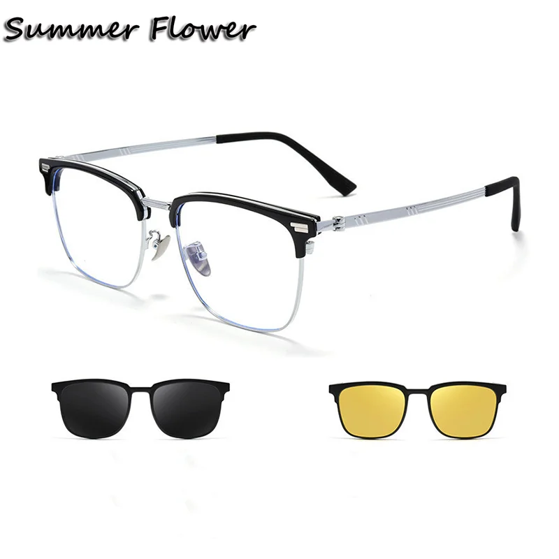 

Clip On Glasses Men Sunglasses Night and Day Time Driving Optical Eyewear Lens Magnetic Layer Polarized Glasses Frame Titanium