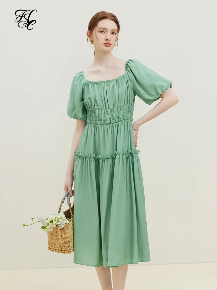 FSLE Women French Style Wood Ear Dress Green Boho Female Summer Solid Long Dresses 2023 Lantern Sleeve Square Neck Skirts