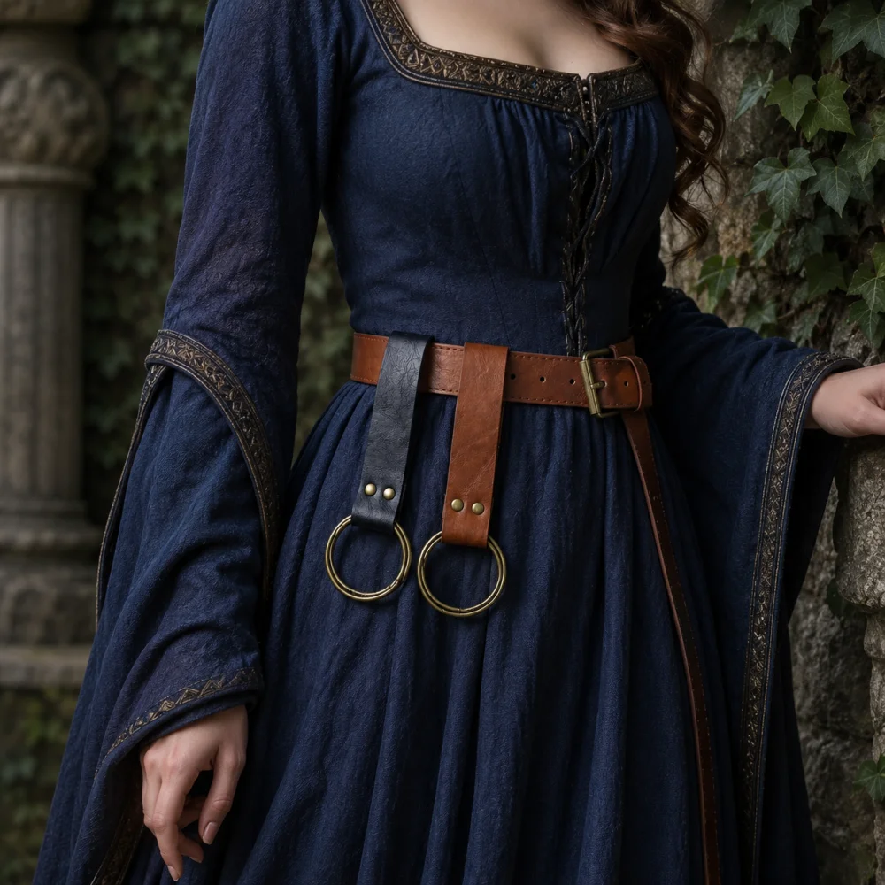 2PC Vintage Distressed PU Medieval Belt with Double Metal Ring Hangers, Adjustable Renaissance Waist Cincher, LARP Cosplay