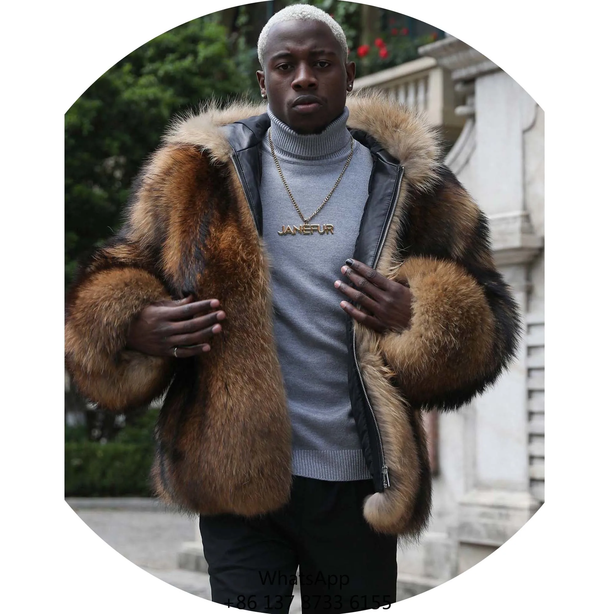 Men OEM Wholesale Price Customized Big Size Thick Real Raccoon Fur Jacket Coat