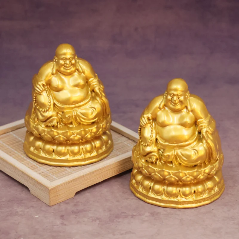 Nirvana Tea Gold Color Copper Sitting Lotus Laughing Buddha Ornament Good Luck Continuous Fortune Prosperous Opening