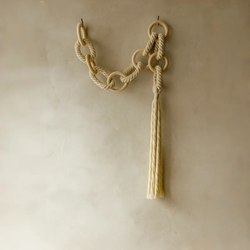 Handcrafted Macrame Rope Chain with Natural Wooden Rings Cotton Rope Tassel Hanging Wall Decor for Home and Indoor Spaces