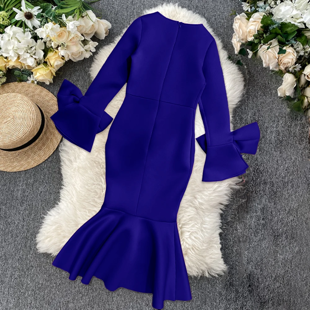 Women Bodycon Party Dress Hollow Out Shoulder Ruffles Long Sleeves with Bowtie Elegant Slim Evening Dating Robes Female Tunics