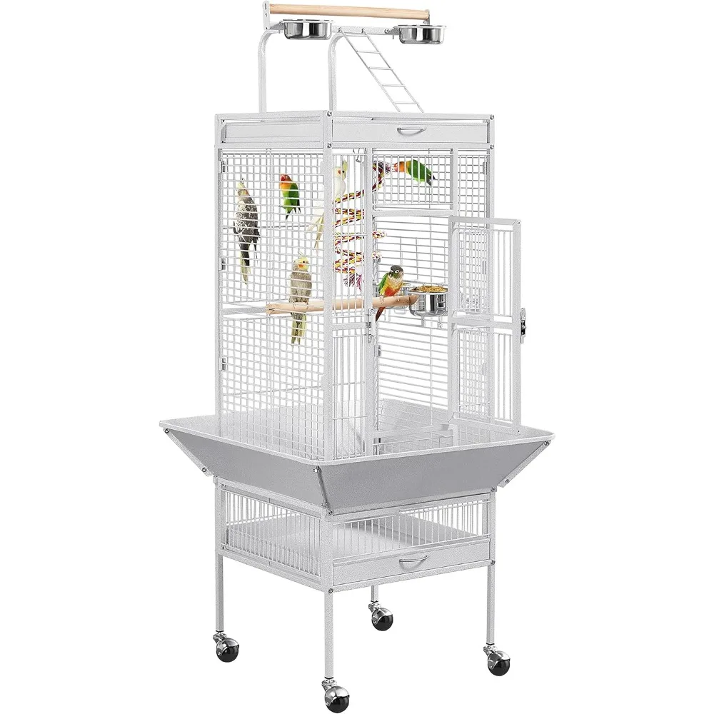 Wrought Iron Bird Cages, Play Top Large Aviary Conures Lovebird Budgie Finch African Grey White, 61-inch