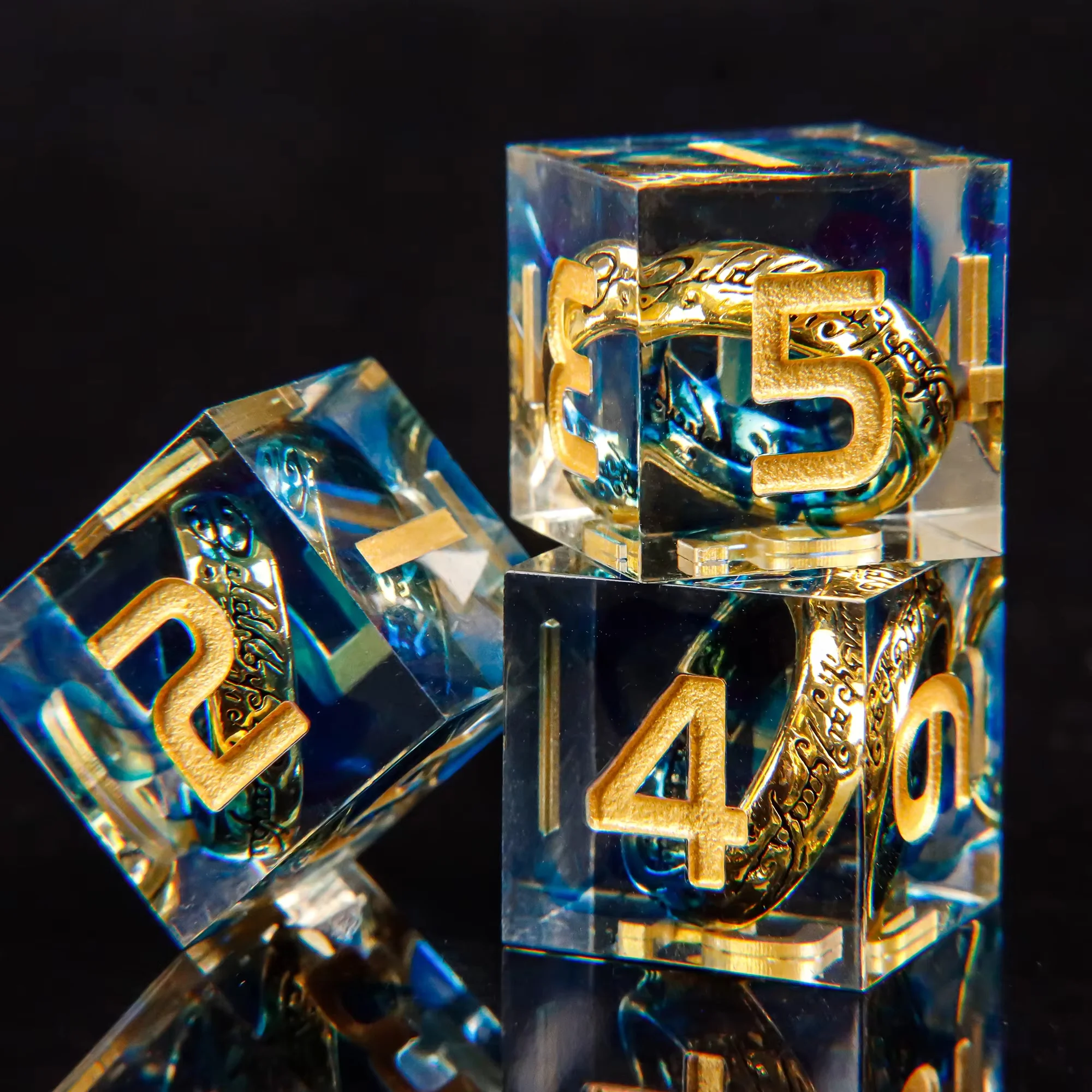 Handmade Sharp Edge Resin Dice Set with Embedded Lord of The Rings Ring, Transparent Clear Polyhedral Dice