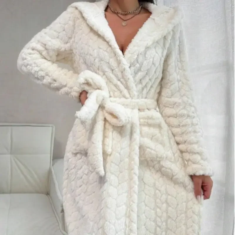 Fluffy Warm Hooded Nightgown Bath Gown Home Bathrobe Winter Robe Shower Nightwear Women Sleepwear Long Sleeve Kimono with Belt