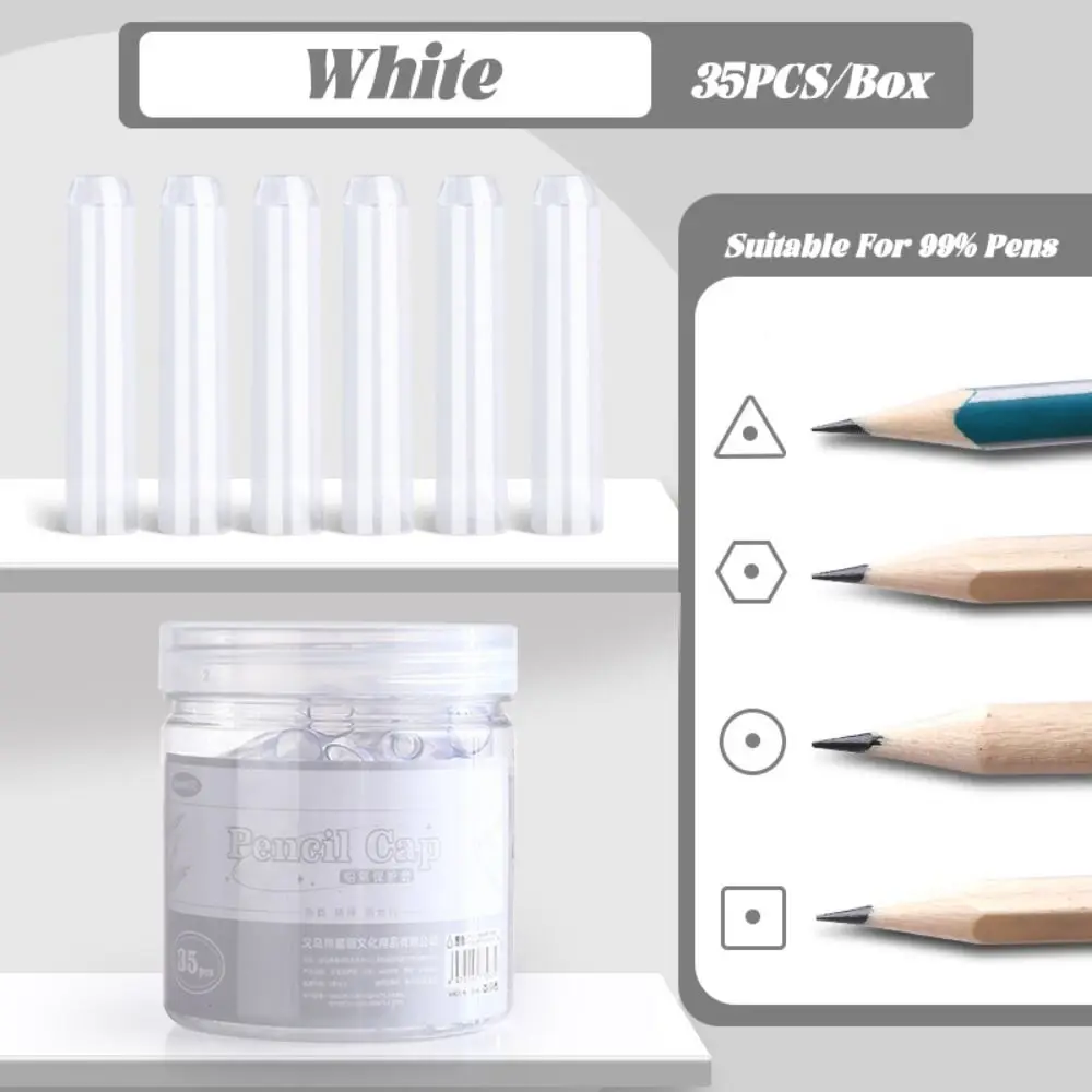 35PCS/Box Multi Functional Plastic Pencil Cap Solid Color Transparent Pencil Extender Pencil Protective Case School Office