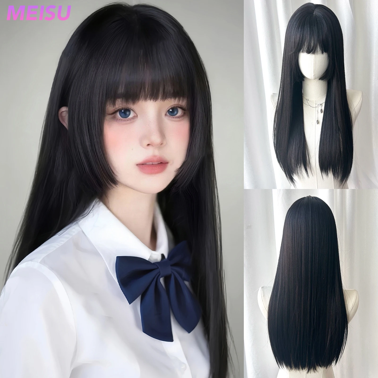 

MEISU 26-дюймовый длинный прямой синтетический парик с челкой принцессы, многослойные черные термостойкие натуральные гладкие волосы, стильная вечеринка