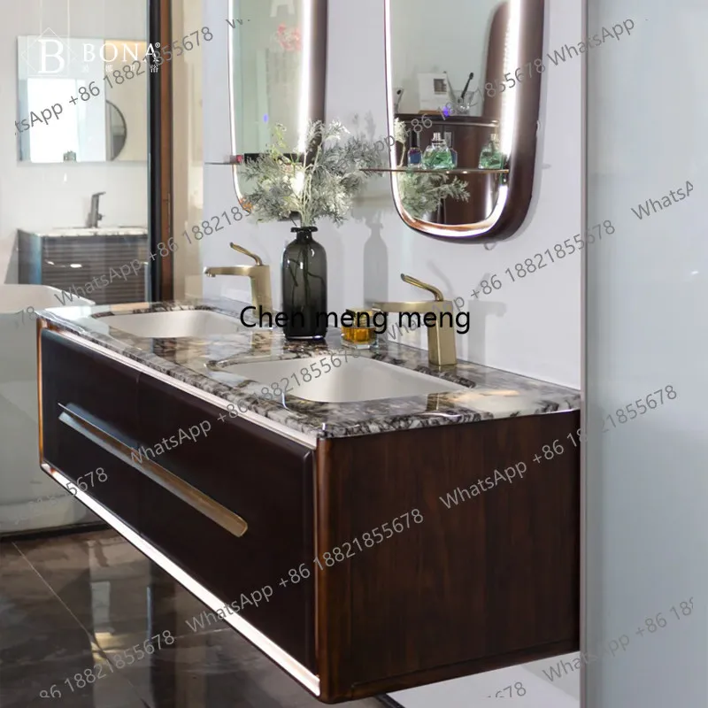 Aesthetic solid wood bathroom cabinet combination marble luxury stone countertop high-end bathroom cabinet