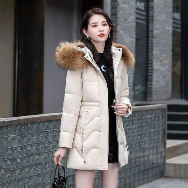 Fashion Long Down  Women's Winter New Slim Hooded White Duck Down Real Fur Collar Women's High-end Temperament Warm Coat