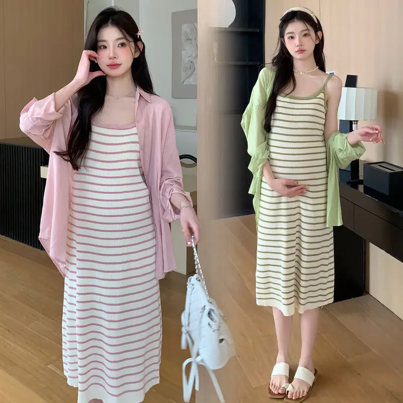 Summer Maternity Set: Knit Striped Sundress + UV-Protection Shirt - Slimming & Breathable Two-Piece Pregnancy Outfit for Moms