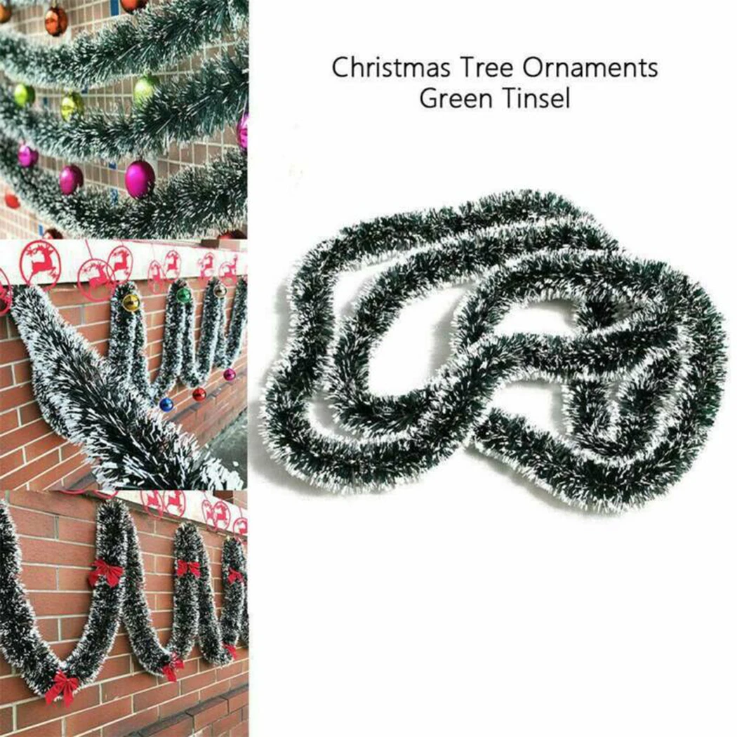 ~5PCS 2M Christmas ~Garland Chunky Tinsel ~Green With White Trim Xmas ~Tree Decoration Garland 6.5Ft~ Home Party Wall Door Decor