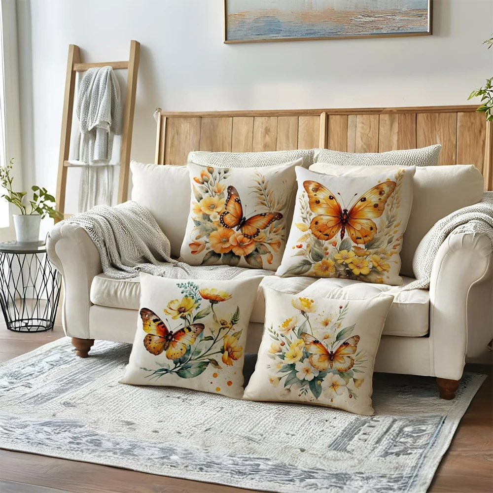 Funda de almohada de style Pastoral con mariposa naranja y crisantemo dorado, funda de cojín decova para sofá y dormitorio #3