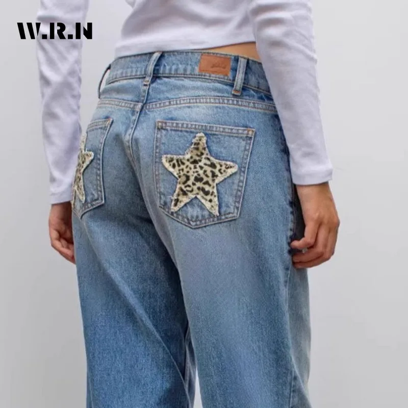 Hotsweet leopardo estrelas apliques hip-hop mop calças americano retro comprimento total rua jean feminino emo casual y2k denim calças